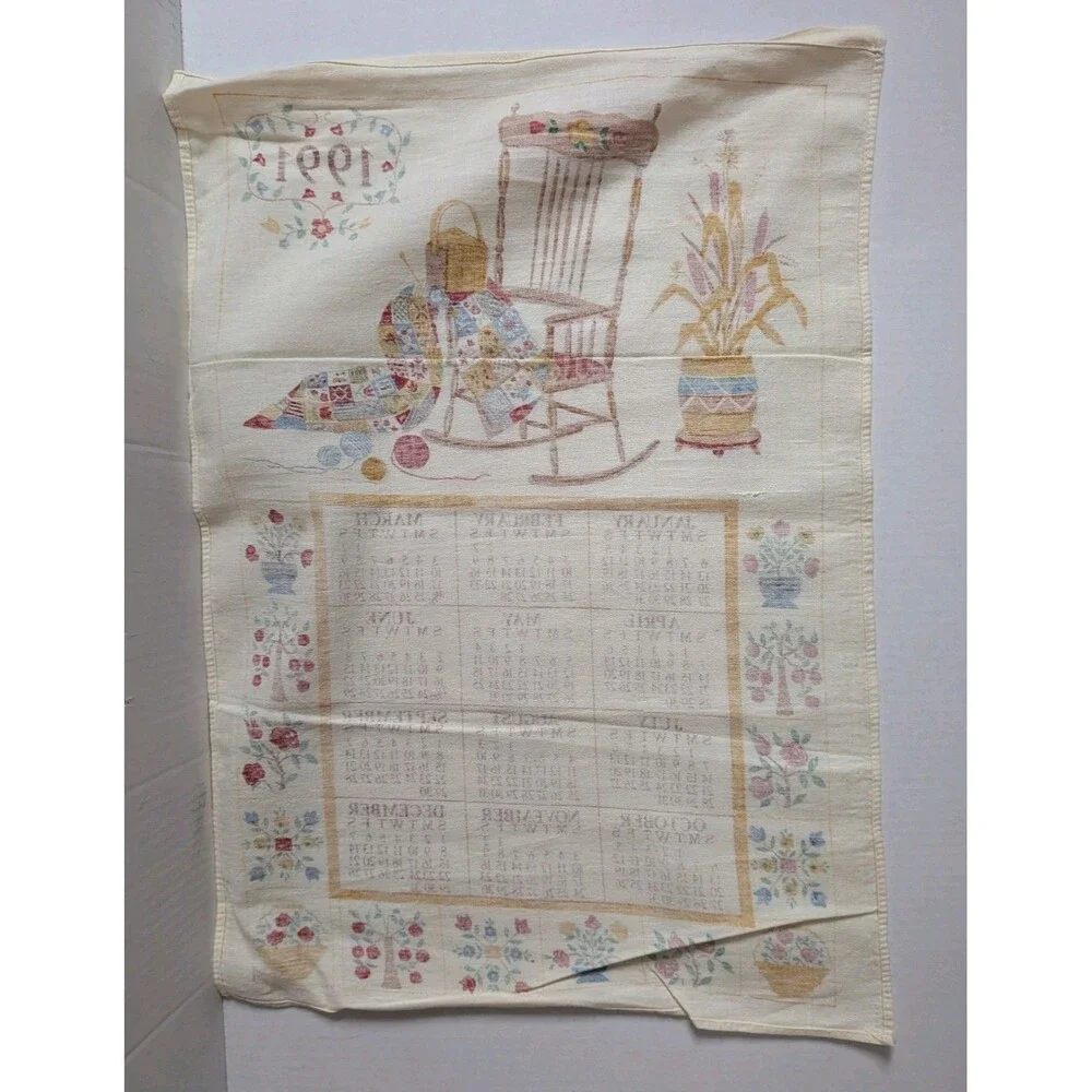 Vintage 1997 Calendar Tea Towel Rocking Chair Quilt Folk Art Cottagecore Decor